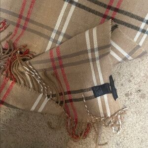 Burberry Beige Checkered Scarf with Red and Black Stripes